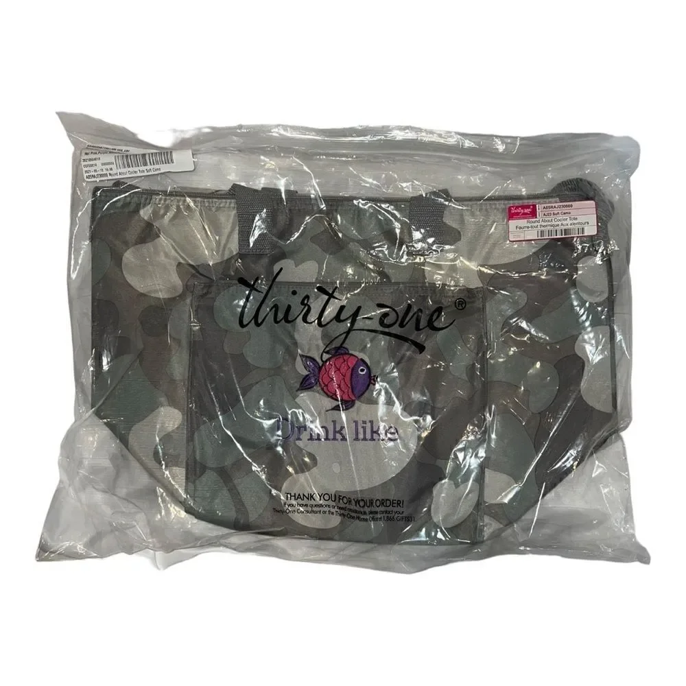 Thirty-One Soft Camo Round About Cooler Tote Bag Embroidered Drink Like Fish New